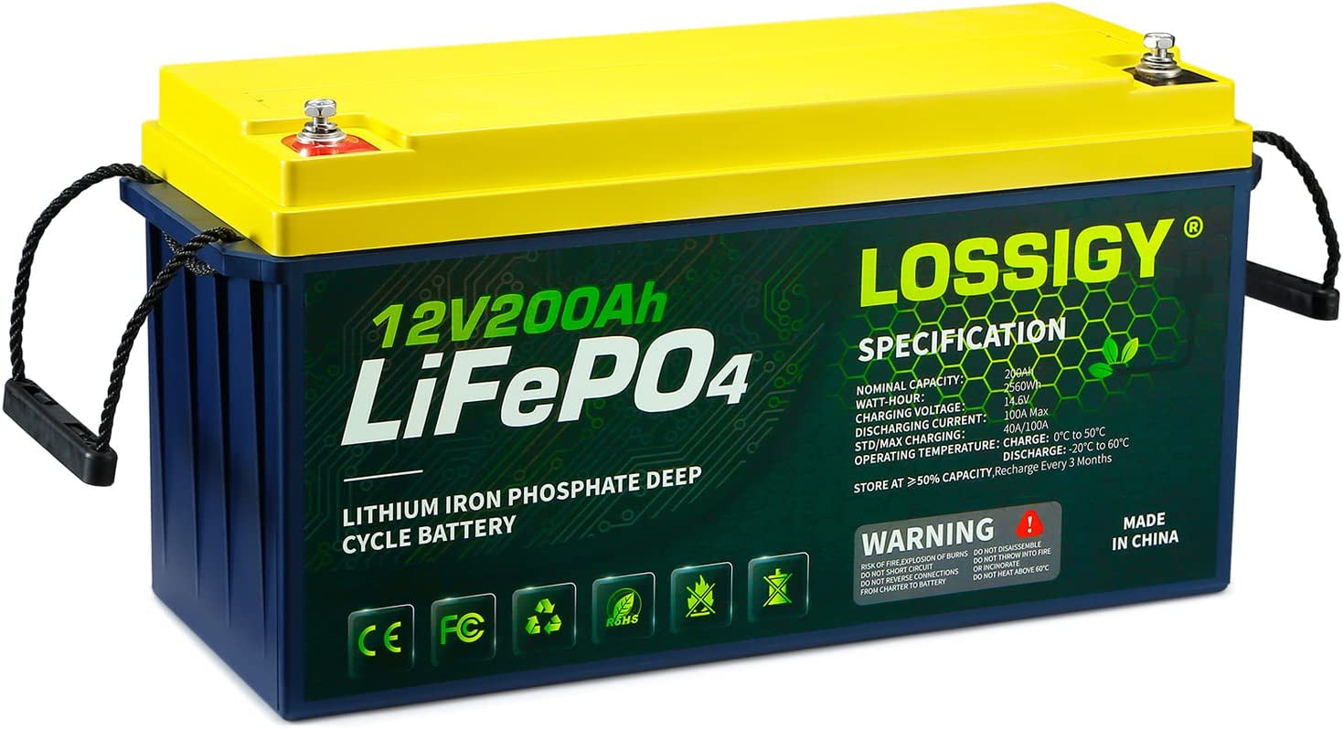 LOSSIGY 12V 200AH Lifepo4 Deep Cycle Lithium Battery 2560Wh with 100A BMS 10 Year Lifespan Perfect for Solar System RV Marine